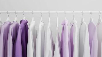 Purple and white shirts hanging on a rack photo