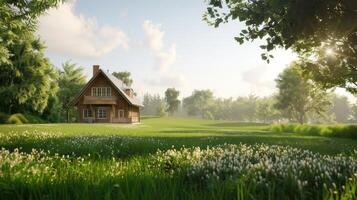 A small wooden house in the middle of a lush green field photo
