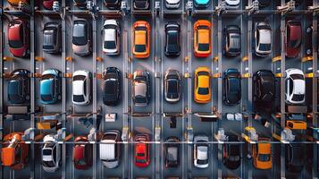 An overhead view of cars parked in a parking garage photo