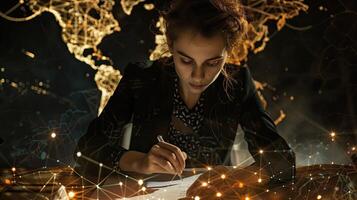 A woman in a suit writing on a piece of paper photo