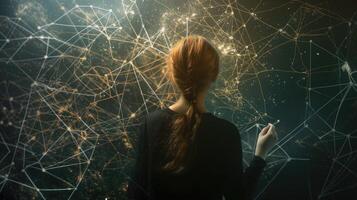 A woman is looking at a network of lines and dots photo