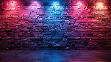 A brick wall with neon lights in the center photo