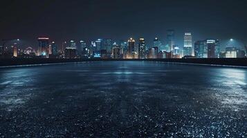 A cityscape at night with a wet road photo