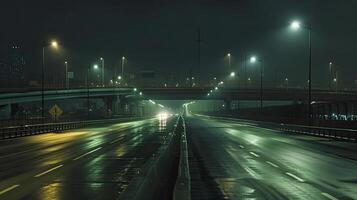 A long empty highway at night with lights on photo