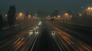 A foggy night time view of a highway photo