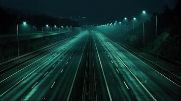 A highway at night with lights on the road photo