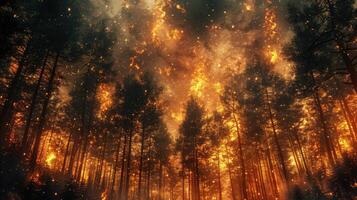 A forest fire is burning in the middle of a forest photo