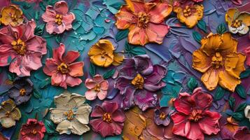 Colorful flowers on a wall with a blue background photo