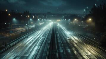 A long highway with lights on at night photo