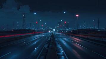 A night time photo of a highway at night