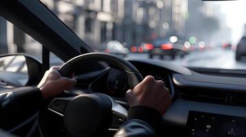 A person driving a car on a city street photo