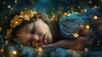 A little girl sleeping in the dark with fairy lights photo