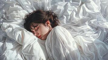 A woman sleeping in a bed with white sheets photo