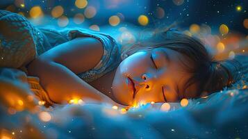 A little girl sleeping in a bed with lights photo