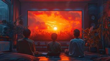 Three people sitting on the floor watching a sunset on a tv photo