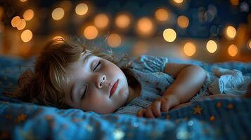 A little girl sleeping on a bed with lights behind her photo