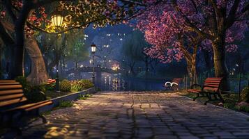 A park at night with benches and trees photo