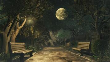 A bench is sitting in a park with a full moon photo
