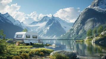 An rv parked near a lake and mountains photo