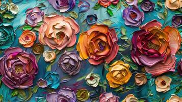 A painting of colorful flowers on a blue background photo