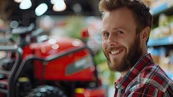A man smiles while standing in front of a red tractor photo