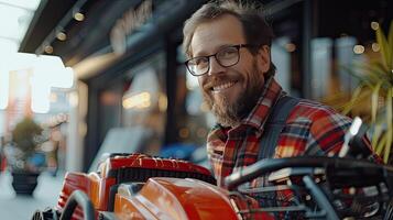 A man with glasses and a beard is smiling while holding a red and white lawn mower photo