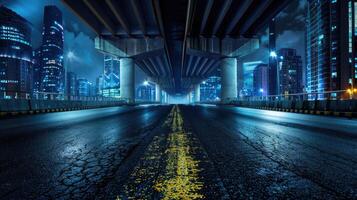 An empty road under a bridge at night photo