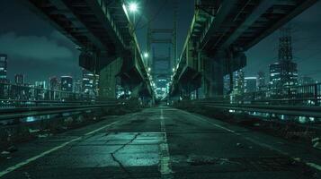 A dark street with a bridge over it photo