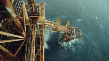 An oil rig in the ocean with a view from above photo
