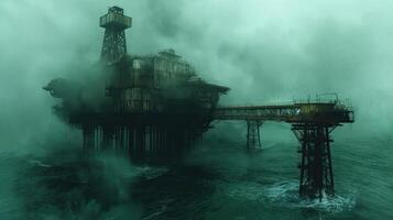 An oil rig in the ocean with fog photo