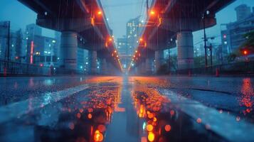 A city street with lights on the road and a bridge photo