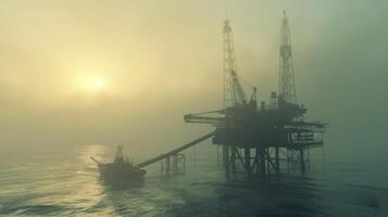 An oil rig in the ocean with a foggy sky photo