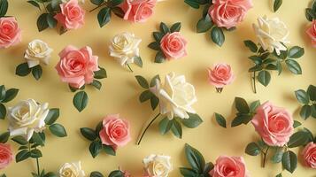 Pink and white roses on a yellow background photo