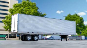 A white semi trailer is parked in a parking lot photo