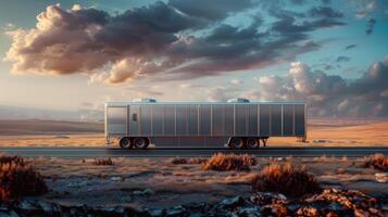 A semi truck is driving down a road in the desert photo
