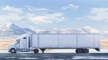 A semi truck is driving down a road in front of mountains photo