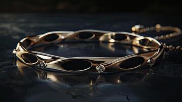 A gold bracelet with black stones on it photo