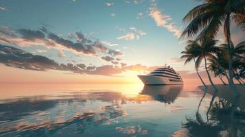 A cruise ship in the ocean at sunset photo