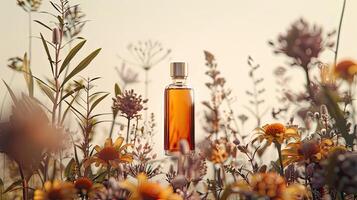 A bottle of perfume in a field of wildflowers photo