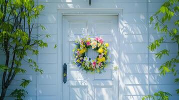 A wreath is on the door of a white house photo