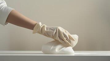 A person wearing gloves is holding a white object photo