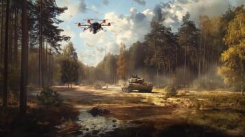 A military drone flying over a forest photo
