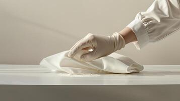 A person wearing gloves is holding a white cloth photo