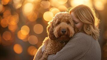 A woman hugging her dog at sunset photo