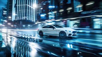 The mercedes s - class is driving on a city street at night photo