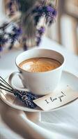 Coffee cup with lavender flowers and i love you note photo