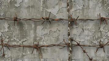 Barbed wire on a wall with peeling paint photo