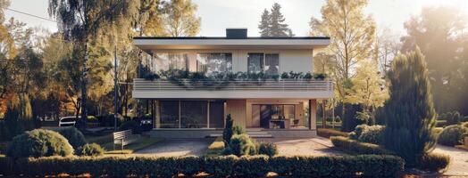 A modern house in the middle of a lush green area photo