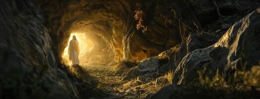 Jesus walking through a cave with light coming from the end photo