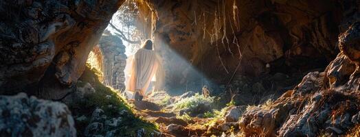 Jesus walking through a cave with sunlight shining through the cave photo